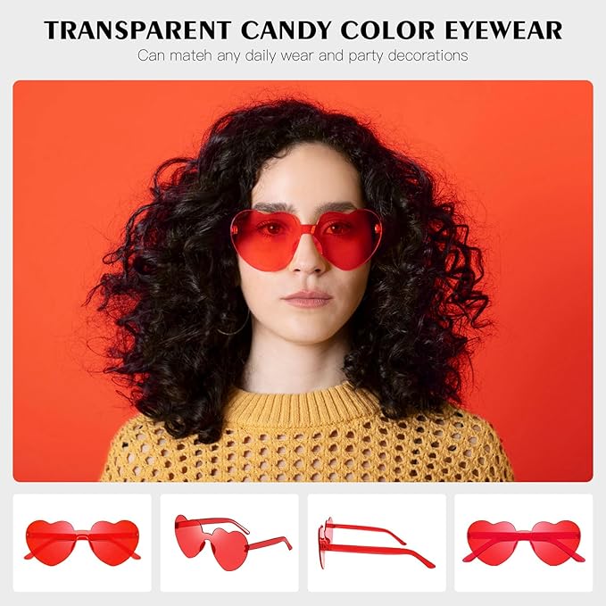 16 Heart Rimless Sunglasses Retro Colored Party Glasses Bulk Gradient Transparent Fun Eyeglasses for Unisex Adult