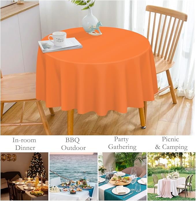 Mulbozy 12 Pack Orange Round Tablecloth, 84 Inches Plastic Orange Table Cover, Premium Disposable Round Party Tablecloth for Restaurant Dinners, Wedding, Grad Party, Baby Shower, Outdoor Camping