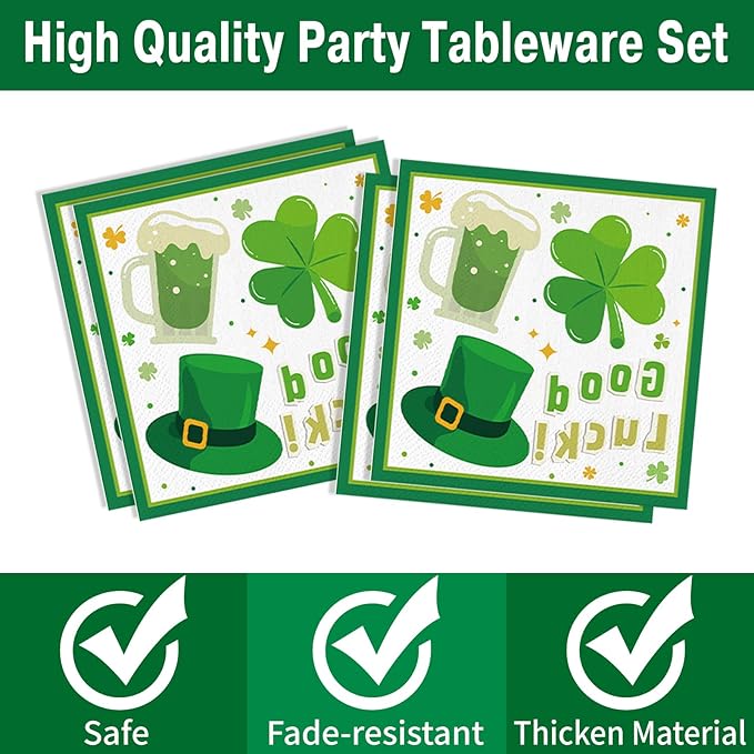 Green Party Supplies Set 168 PCS Clover Tableware Kit Disposable Plates Cups Napkins Cutlery for Birthday Sports Party Lucky Theme Decorations