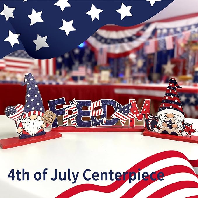4th of July Table Decorations Patriotic Desk Decor 3 Pcs Wooden Gnomes Freedom Memorial Day Red White and Blue Decor
