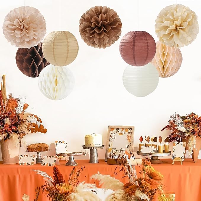 Boho Brown Champagne Beige Paper Flowers Tissue Pom Poms Honeycomb Lanterns 15pcs Party Decorations Fall Thanksgiving Rustic Wedding Baby Shower Neutral Birthday Autumn Hanging Supplies Decor
