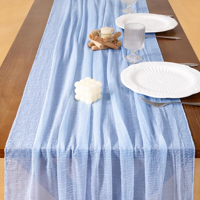 Socomi 6pcs Blue Easter Spring Gauze Cheesecloth Table Runner 120 Inch Rustic Boho Cheese Cloth Runner for Wedding Party Baby Bridal Shower Centerpiece Decoration Holiday Home Decorations