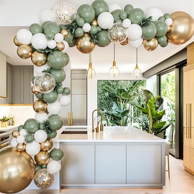 PartyWoo Sage Green Balloon Arch Kit Garland 152pcs Different Sizes of 18 12 10 5 Inch Olive Dusty Green White Gold Confetti Boho Balloons for Baby Shower Graduation Birthday Jungle Party Decorations