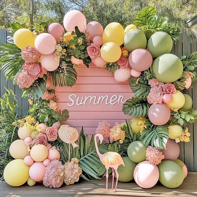 Pink Green Yellow Balloon Arch Double Stuffed, Dusty Green Light Yellow Mauve Ivory Pastel Balloon Garland Kit for Baby Shower Birthday Bridal Wedding Flower Valentine Party Decoration