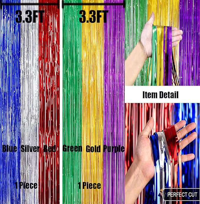 2 Pack 3.3ft×6.6ft Rainbow Photo Backdrop Tinsel Foil Fringe Curtains Backdrop Door Streamers Birthday Mardi 4th of July Party Decoration