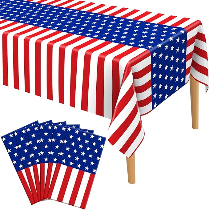 4th of July Tablecloth, Patriotic Plastic Tablecloths 54"x108", Fourth of July Table Decorations Red White and Blue American Table Covers 6 Pack, Patriotic Decorations Memorial Day Party Supplies