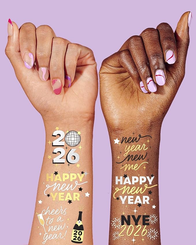xo, Fetti New Year's Eve Party Supplies Tattoos - 40 Gold and Silver Foil Styles | NYE Party Favors, Disco Celebration Decorations, NYE 2026 Decor