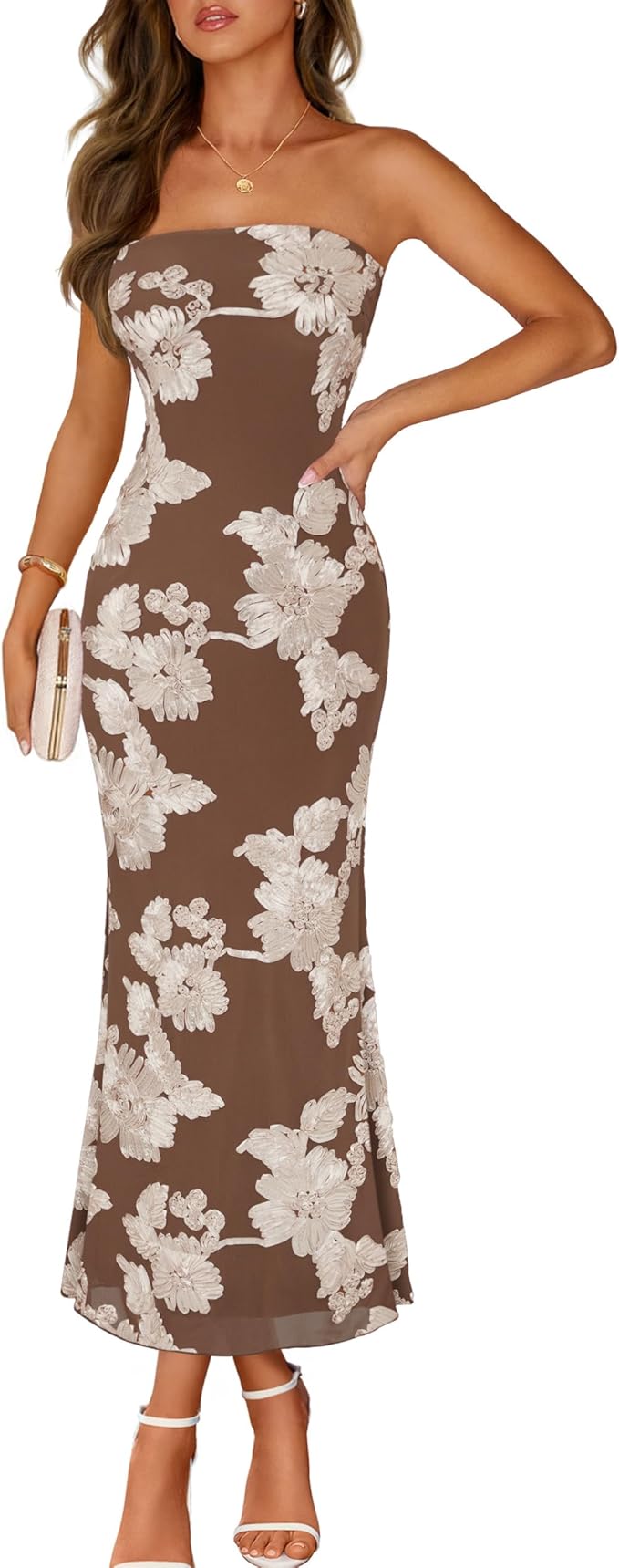 MEROKEETY Women's Floral Strapless Maxi Dress 2026 Summer Mesh Tube Bodycon Formal Wedding Guest Cocktail Party Long Dresses
