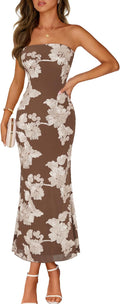MEROKEETY Women's Floral Strapless Maxi Dress 2026 Summer Mesh Tube Bodycon Formal Wedding Guest Cocktail Party Long Dresses