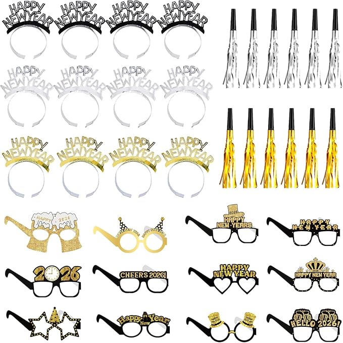 36PCS Happy New Year Decorations 2026 New Years Eve Party Supplies 2026,With 12 Happy New Year Headband Tiara,12 Noise Maker,12 New Years Glasses 2026