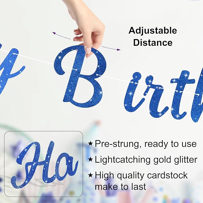 Pre-Strung Happy Birthday Banner, NO DIY Birthday Decorations with Circle Dot Garland，Happy Birthday Party Decorations for Women Men Girls Boys (Blue)