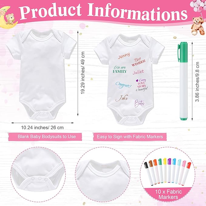 Qunclay 12 Pcs Baby Shower Game Decor with White Unisex Bodysuit Wooden Sign Tabletop Decor and Marker for Guests(Pink Bear)