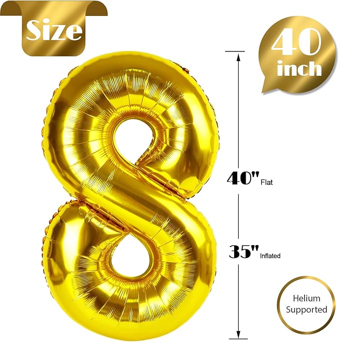 Gold Number 8 Balloon 40 Inch, 8 Balloon Number, 8th Birthday Decorations, Gold Party Supplies for Boys Girls