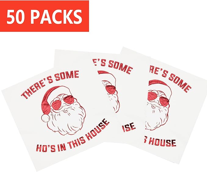 There’s Some Hos in This House Napkins, Funny Christmas Party Decorations, Christmas Xmas Holiday Party Decorations, Christmas Friendsmas Birthday Party Supplies(5 x 5 In, Red Foil, 50-Pack)
