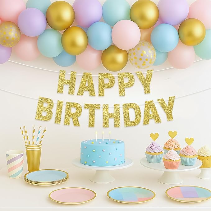Pre-strung Happy Birthday Banner - No DIY - Glitter Birthday Party Banner for Men & Women - Pre-strung Garland on 8 ft Strands - Bday Party Decorations & Decor. Did We Mention No DIY (Yellow Gold)