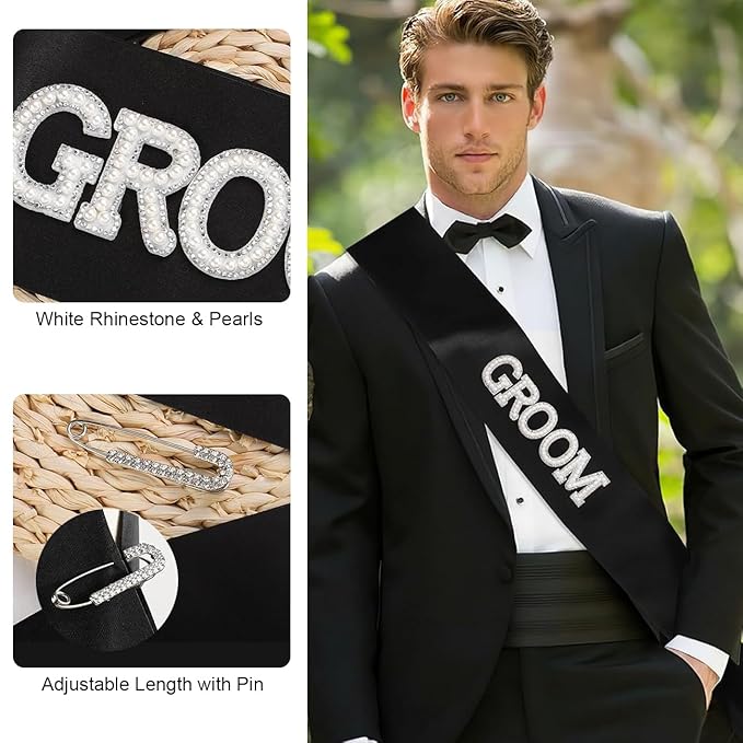 Bride and Groom Sash Set - 3D Rhinestone & Pearl Bachelorette Party Sash with Rhinestone Pin for Wedding Bridal Shower Favors and Engagement Decorations (White and Black)