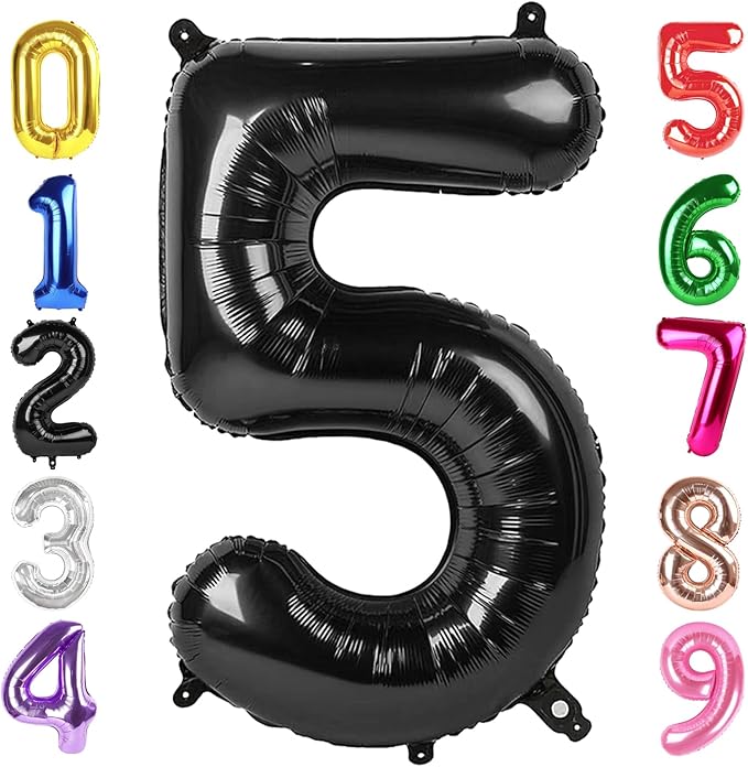 40 Inch Black Number 5 Balloon, Giant 5 Number Balloons for 5th Birthday Decorations, Party Supplies for Baby Boy Girl, Black Party Decor