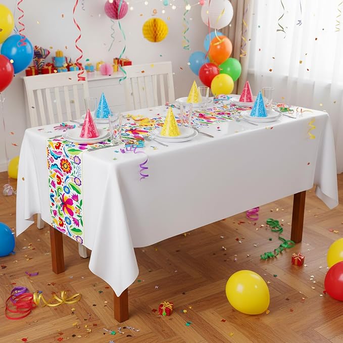 Oudain Fiesta Tablecloth 108 x 54 Inch Plastic Tablecover Mexican Waterproof Tablecloth Disposable Table Cover for Taco Night Festive Mexican Fiesta Wedding Party Decoration (White 2,6 Pcs)