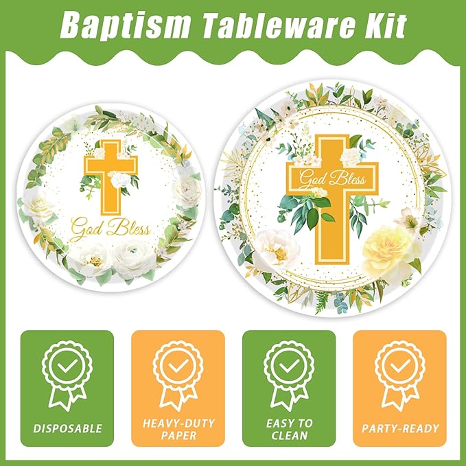 96 Pcs God Bless Plates and Napkins, Baptism First Holy Communion Party Decorations Supplies Mi Bautizo Eucalyptus Leaves Sage Tableware Set for Christening Celebration Baby Shower, Serves 24