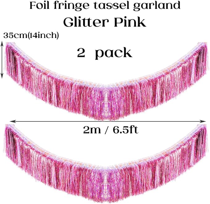 Premium Glitter Pink Fringe Tinsel Garland for Party Decorations -4 Layers Thick, 2 Pack | LILF Foil Metallic Banner Party Streamers for Wedding Birthday Christmas Decoration Home Hanging