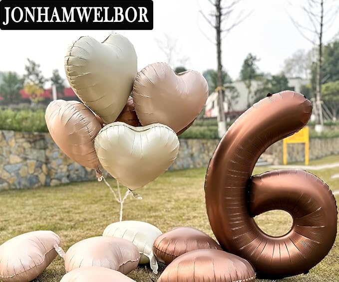 Jonhamwelbor 40 inch Brown Number 6 Balloon Large Big Giant Jumbo Helium Number Foil Mylar Balloon with Heart Balloons for Six Year Old Girl Boy 6th Birthday Party Decoration (40 inch Brown 6)