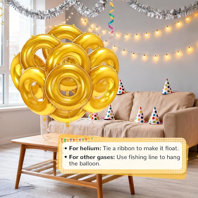15 Pack 30" Gold Ring Balloons for Cartoon Characters Themed Party Decor, Hedgehog Theme Birthday & Anniversary Backdrop, Shiny Foil Balloons with Ribbons & Fishing Line