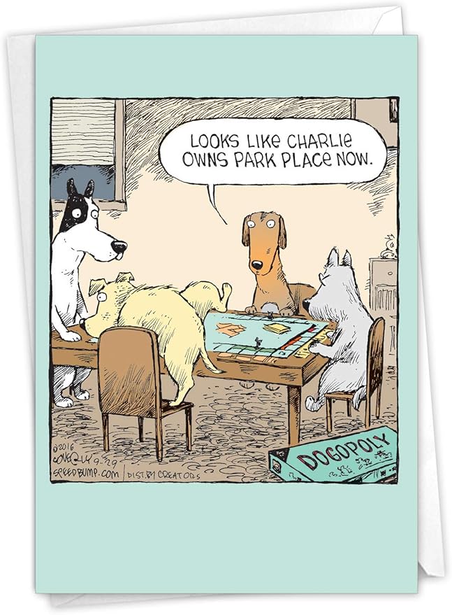NobleWorks - 1 Humor Birthday Dog Card with Envelope - Funny Puppies Cartoons for Birthday Greetings, Celebration Notecard - Dogopoly C3986BDG