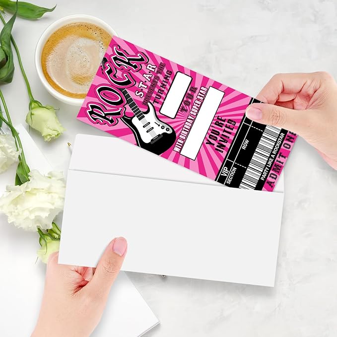 Rockstar Birthday Invitation Ticket, Rock Star Birthday Invitation for Teen Adult, 20 Pop Star Ticket With Envelopes, 3.5 x 8" Double-Sided Fill In Birthday Party Personalized Invites Cards - Pink