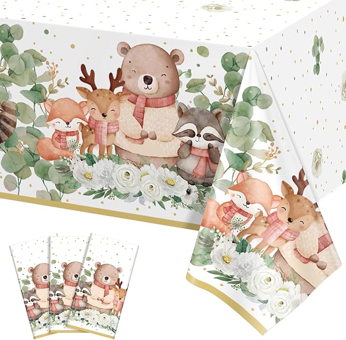 3 Pack Plastic Safari Baby Shower Tablecloth, 54 x 108 Inch Disposable Woodland Forest Animal Neutral Gender Reveal Party Eucalyptus Leaves Table Cover for Forest Birthday Friendship Party Decor