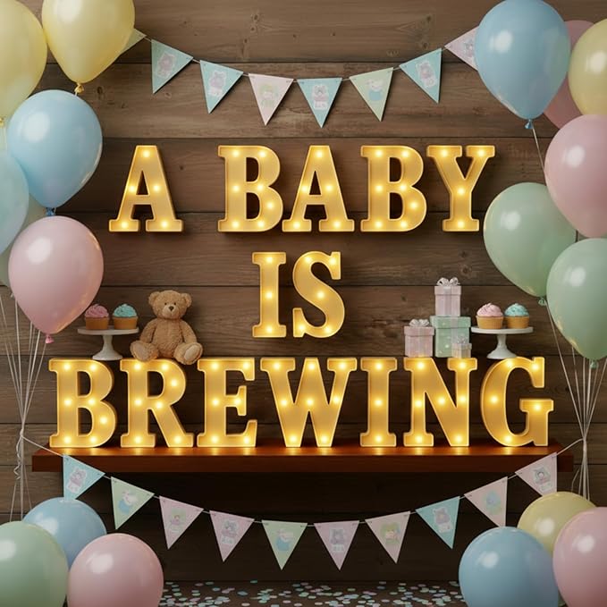 Honoson 14 Pcs a Baby Is Brewing Baby Shower Party Decorations, LED Letter Lights Sign, Table Decor for Gender Reveal, Welcome Boy or Girl, Diaper Party Supplies