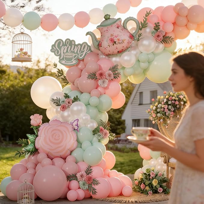 Spring Tea Party Decorations 139pcs Pastel Floral Balloon Garland Arch Kit with Pink Green Teapot and Floral Mylar Balloon for Let's Par-Tea Birthday Spring Garden Mothers Day Tea Party Decor