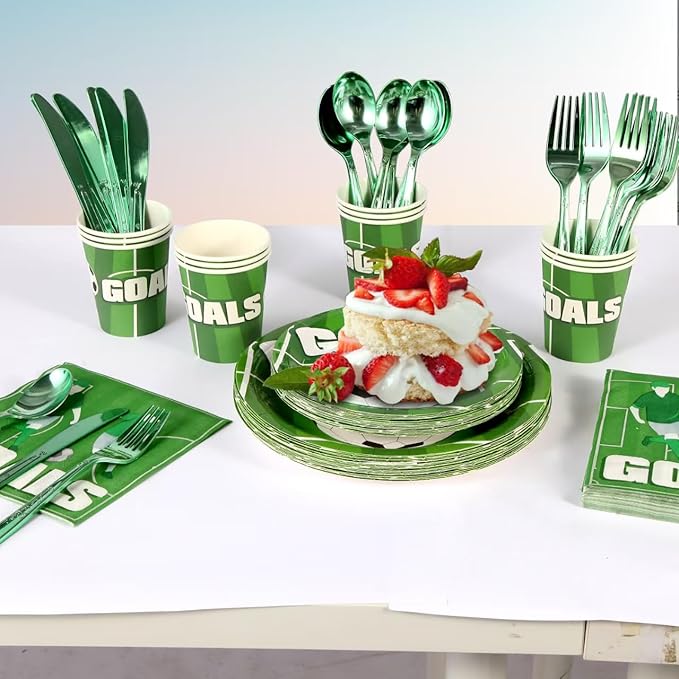 175 Piece Soccer Themed Disposable Plate Set for 25 Guests Party Supplies, Soccer Party Plates, Napkins, Cups, Knives, Forks and Spoons for Boys Game Day Decorations