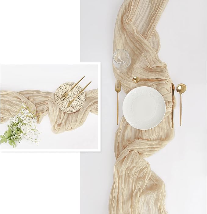 FEXIA 6 Pack Beige Gauze Table Runner 35x120 Inches for Centerpiece Table Decorations Ivory Cheesecloth Rustic Boho Table Runner for Bridal Shower Wedding Party First Communion Centerpiece Engagement