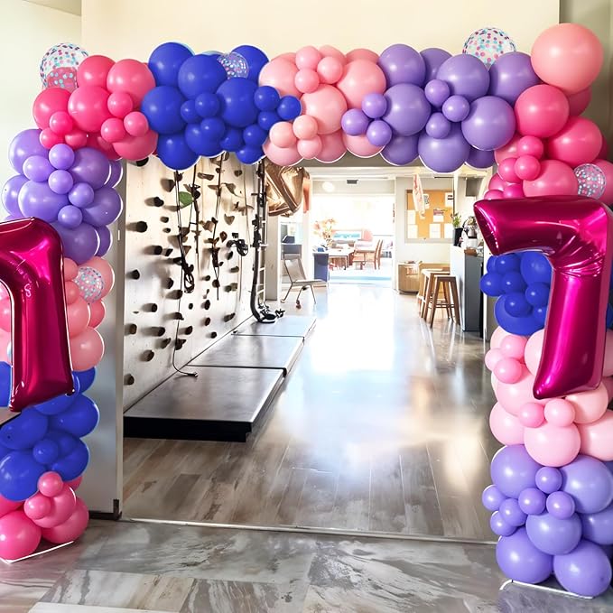 Blue Balloon Arch Kit, Royal Light Blue Confetti Macaron Pink Purple Birthday Balloons with Palm Leaves for Princess Girl Birthday Decorations Baby Shower Graduation Summer Tropical Party Supplies