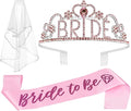 JETKONG 3 Pcs Bachelorette Party Decorations BRIDE Crown, Bride to Be Sash&Veil for Women Bachelorette Party Gifts, Bridal Shower Supplies, Gifts, Favors (Pink)