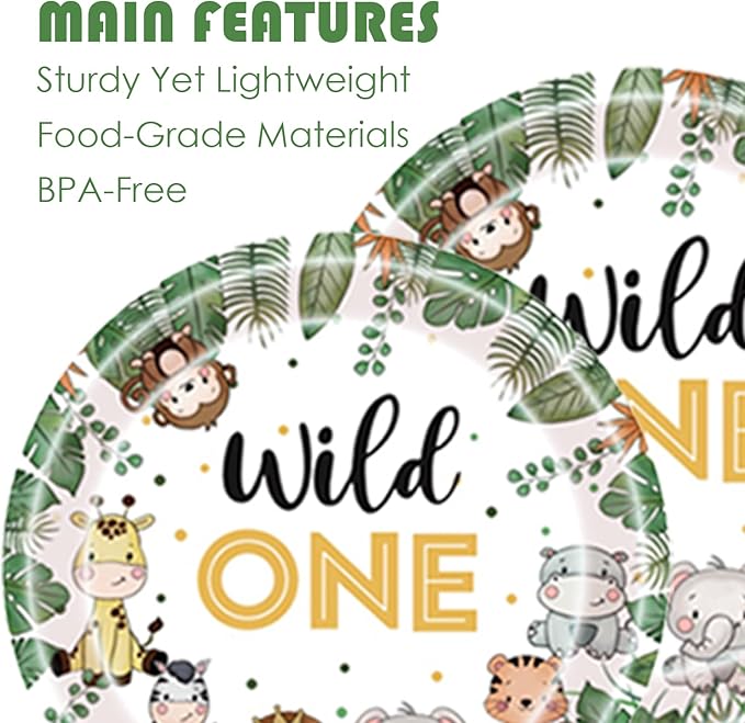 Wild One Birthday Decorations 202 Pcs for 25 Guests, Jungle Safari Theme Party Supplies with Animal Plates Napkins Cutlery Tablecloth Banner, Baby Shower or Boys 1st Birthday Party