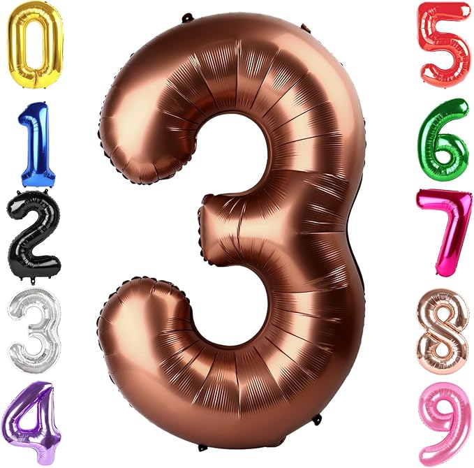 40 Inch Coffee Brown Number 3 Balloon, Giant 3 Number Balloons for 3rd Birthday Decorations, Party Supplies for Baby Boy Girl, Coffee Brown Party Decor