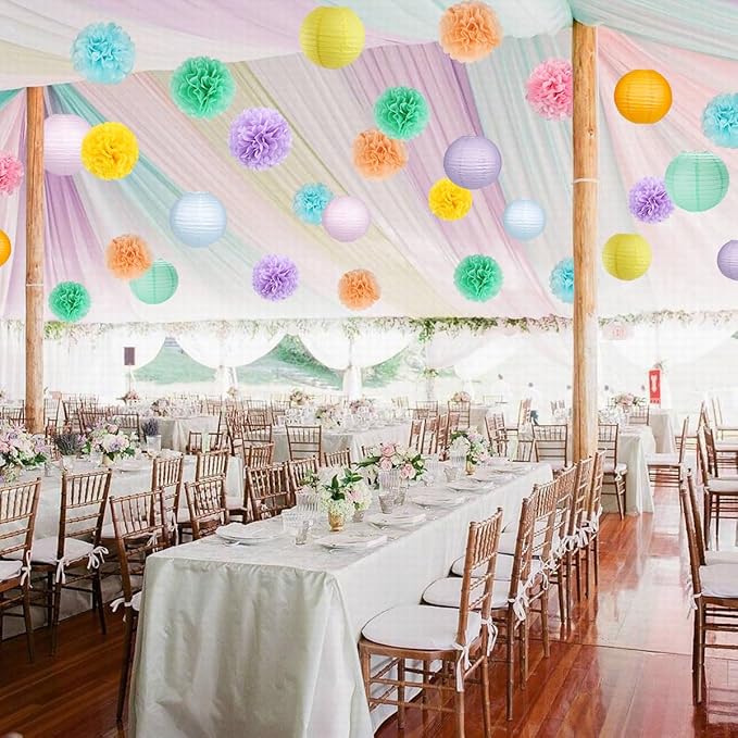 zilue Pastel Party Decorations, Paper Lanterns and Pom Poms Flowers for Birthday Party Baby Shower Easter Decor Pack of 15 Pieces