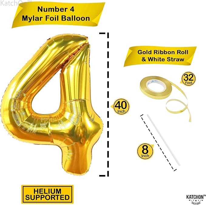 KatchOn, Gold Number 4 Balloons - Big, 40 Inch | 4 Birthday Balloon Gold, 4th Birthday Decorations | Golden 4 Balloon, 4th Anniversary Decorations | 4 Year Old balloon