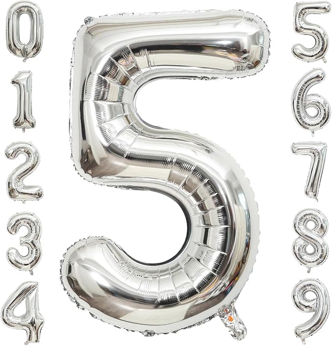 Silver Number 5 Balloon, 40 Inch Large Number Foil Mylar Balloons for 5th Girl Boy Birthday Party Celebration Decoration Supplies,Big Digital Balloons for Wedding Anniversary Events Decor