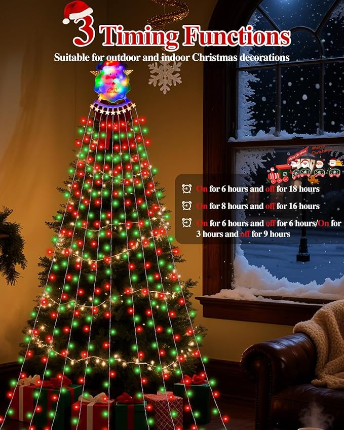 Christmas Waterfall Outdoor String Lights, Christmas Tree Lights with Topper 335 LED 11.48ft 9 Strands, 8 Lighting Modes Holiday New Year Decoration Lights for Wedding Yard Party Home Indoor Decor