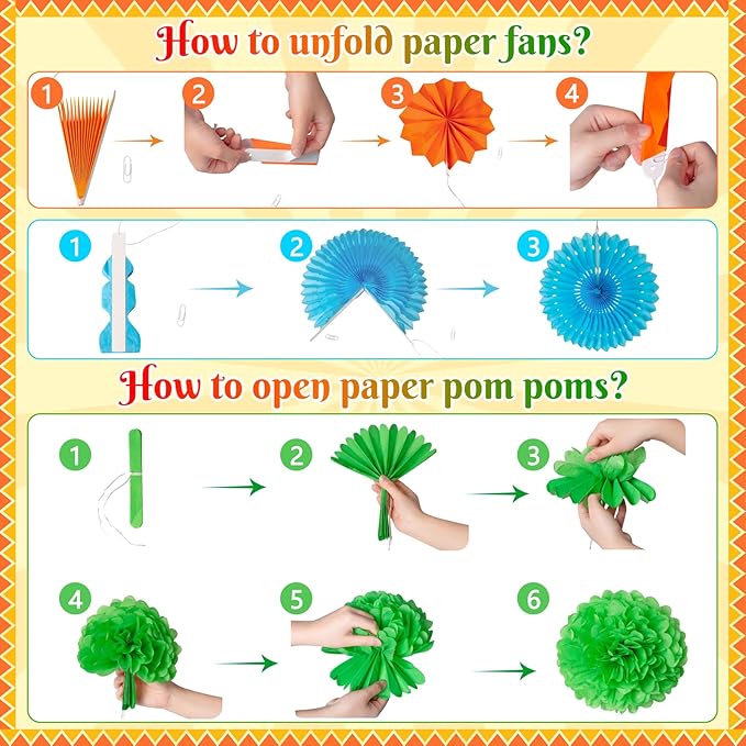 35PCS Fiesta Paper Fan Party Decorations Set - Cinco De Mayo Pom Poms,Pre-assembled Pennant,Garland String,Banner,Hanging Swirls Hispanic Heritage Month Decor Supplies,Multicolored