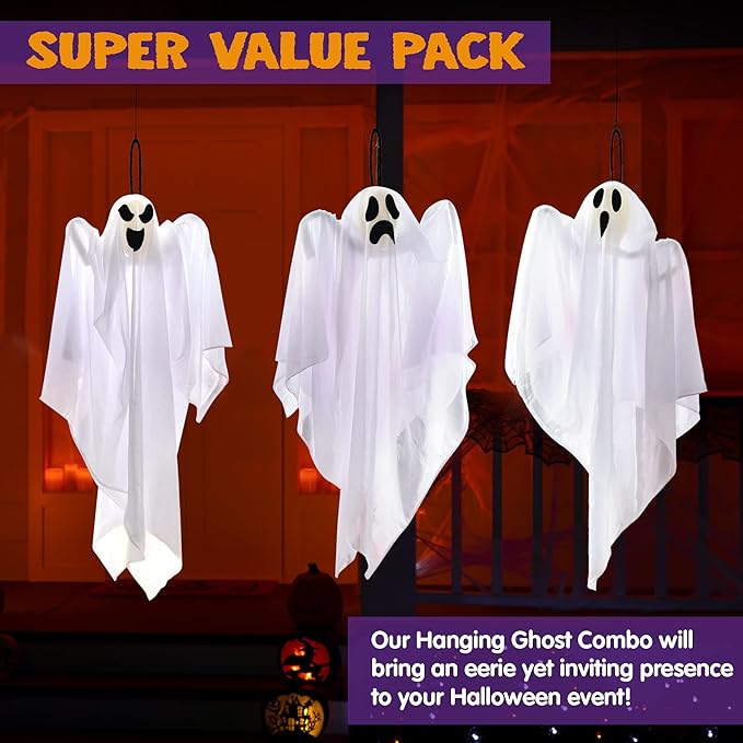 JOYIN 2 PCS 27.5" Halloween Decoration Hanging Ghosts Outdoor, Halloween Flying Ghost Decor for Tree Front Yard Patio Lawn Garden Party Supplies and Holiday Decorations