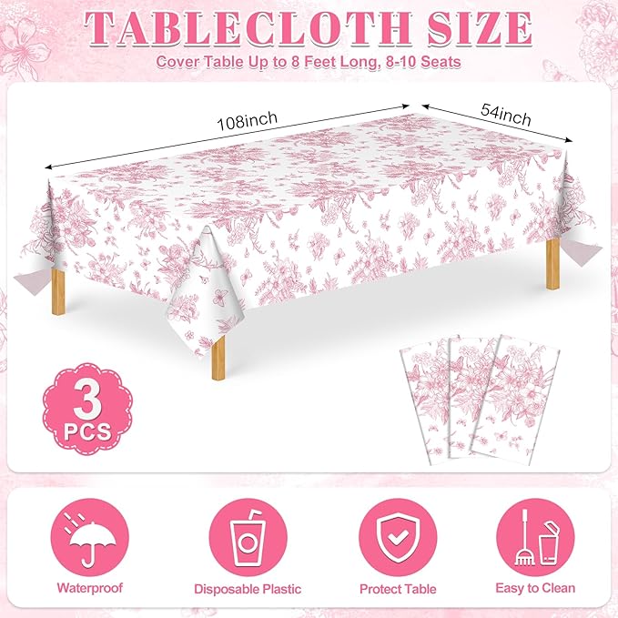 3 Pcs Pink Floral Plastic Tablecloths, 54 X 108Inch Tea Party Tablecloth Disposable Vintage Table Cloth Pink and White Porcelain Tables Decor for Easter Mother's Day Birthday Garden Wedding Tea Party