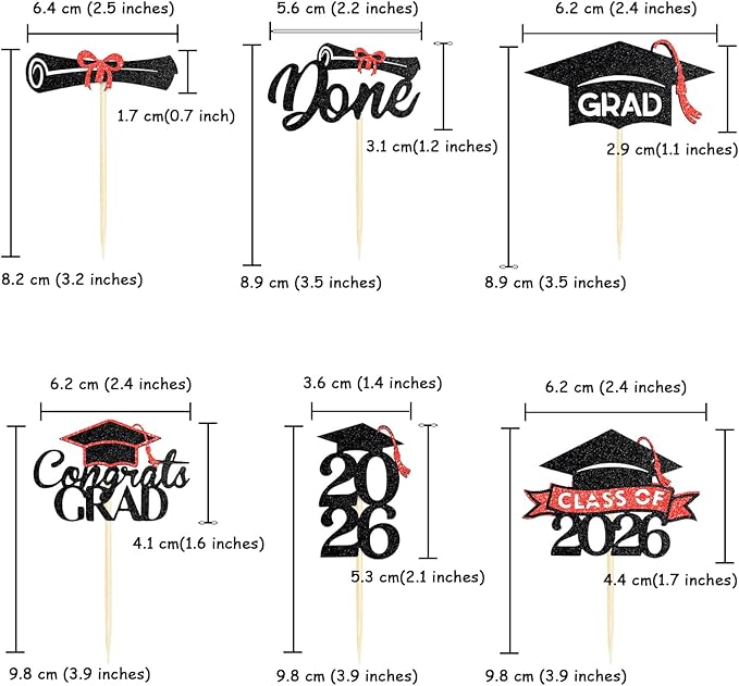 24 Pack 2026 Congrats Grad Cupcake Toppers Set, Graduation Cupcake Decor, Class of 2026 Cupcake Picks for Senior High School College Grad Party Decorations Supplies(Black with Red) A