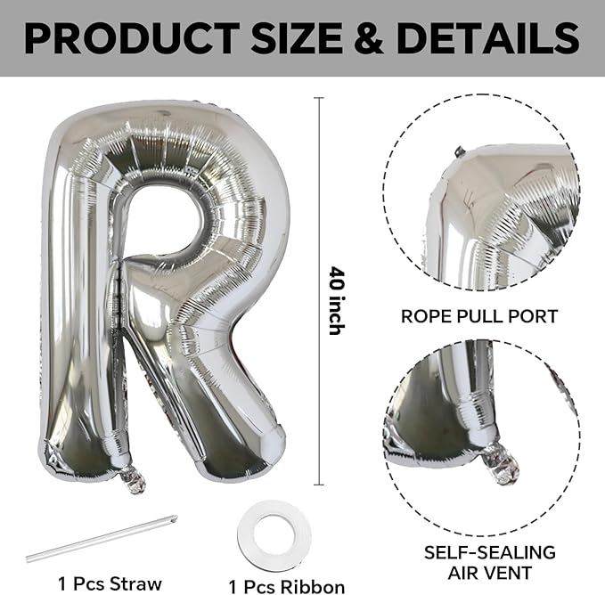 KALOR 40 Inch Silver Letter R Balloons Jumbo Foil Mylar Helium Big Balloons for Birthday Party Anniversary Baby Shower Supplies