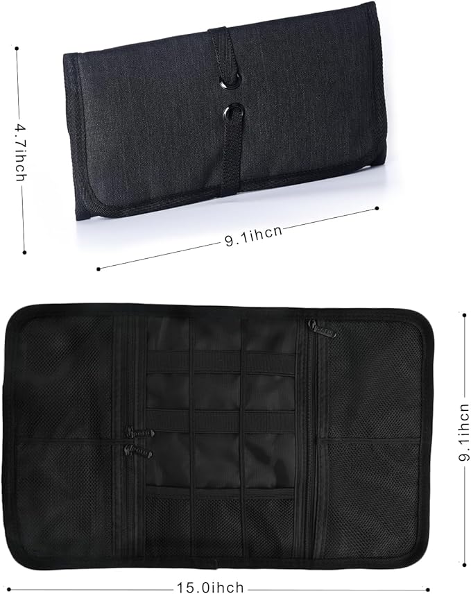 Patu Roll Up Electronics Accessories Travel Gear Organizer Case, Black - Portable Universal External Batteries Hard Drives Cable Management Healthcare Cosmetics Kit Bag
