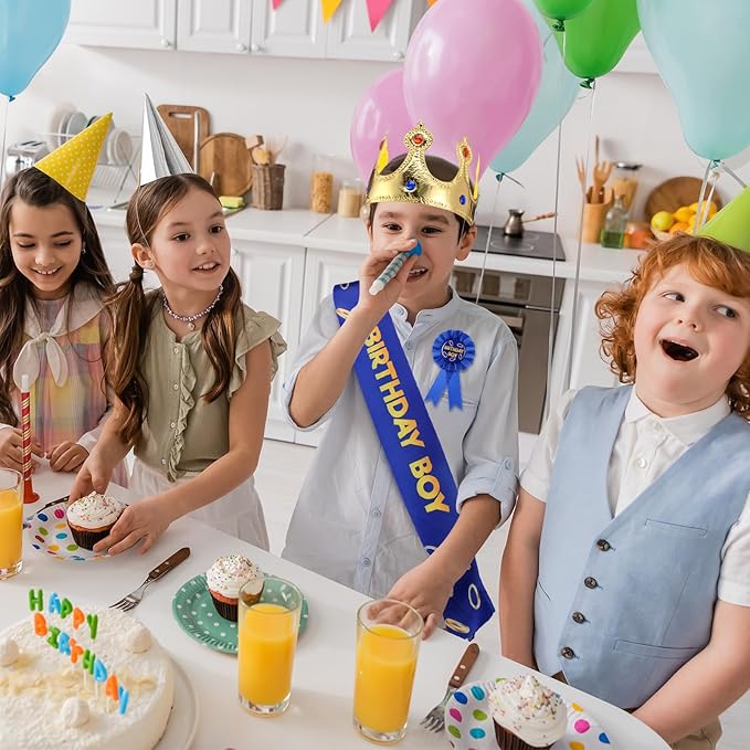 Norme 3 Pcs Blue with Gold Ring Birthday Sash King Crown and Button Pin Blue Golden Rings Cartoon Themed Birthday Party Accessory Set for Party Supplies Favors