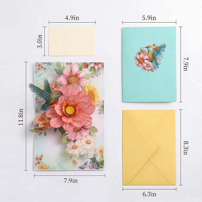 3D Hummingbird and Flower Pop Up Card, 3D Flower Greeting Pop-Up Card for Birthday, Anniversary, Thank You, Mother’s Day, Thinking of You, Nature Lovers Gift for Women and Mom