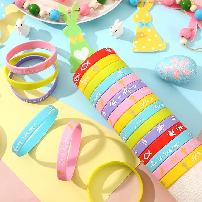 JUNEBRUSHS 42 Pcs He Is Risen Bracelets, 6 Styles of Easter Religious Silicone Wristbands Christian Easter Wristbands for Church Events Celebrations